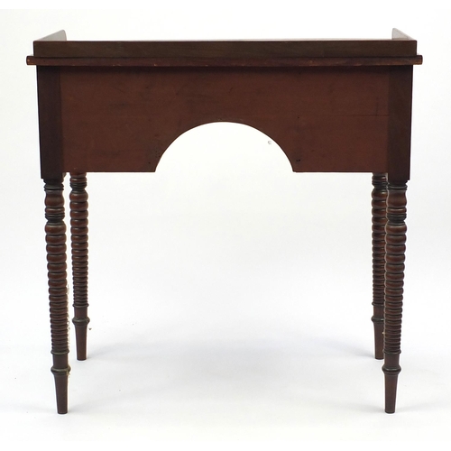 3 - 19th century bow fronted mahogany dressing table with ebony line inlay, 84cm H x 82cm W x 46cm D