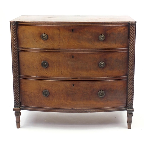 1 - 19th Century mahogany bow fronted three drawer chest, 85cm H x 93cm W x 50cm D