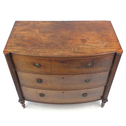 1 - 19th Century mahogany bow fronted three drawer chest, 85cm H x 93cm W x 50cm D