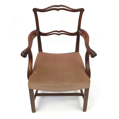 27 - Antique mahogany open armchair, with scroll arms