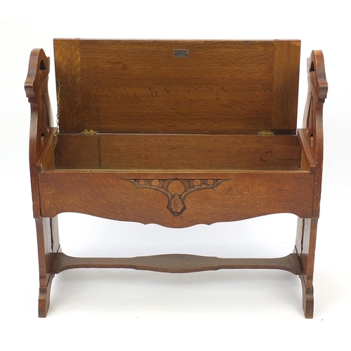 48 - Arts & Crafts carved oak bench, Denby & Spinks of Leeds label, 73cm H x 76cm W x 28cm D