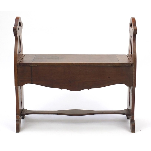 48 - Arts & Crafts carved oak bench, Denby & Spinks of Leeds label, 73cm H x 76cm W x 28cm D