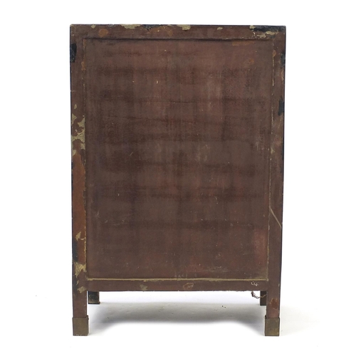23 - Oriental lacquered cabinet with two panelled doors, hand painted and decorated in relief with huntsm... 