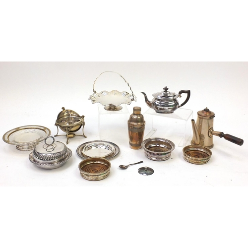 172 - Quantity of silver plated items to include breakfast dish, tea plate, chocolate pot, coasters, cockt... 