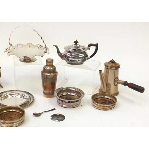 172 - Quantity of silver plated items to include breakfast dish, tea plate, chocolate pot, coasters, cockt... 