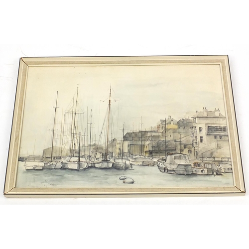 204 - The Harbour - Southwick, watercolour, label verso, framed, 69cm x 48cm