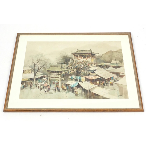 202 - Figures congregating around a Chinese Temple, watercolour, character marks, mounted and framed, 73cm... 