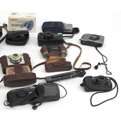 174 - Vintage and later cameras, lenses and accessories including Ilford, Olympus and Canon examples