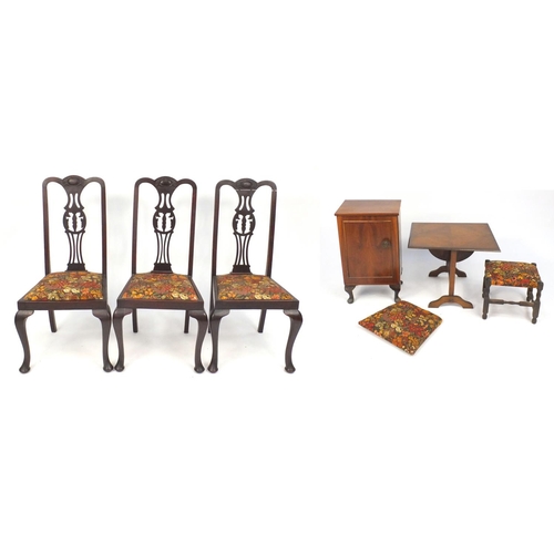 121 - Occasional furniture comprising a folding table, walnut bedside cupboard, three mahogany chairs and ... 