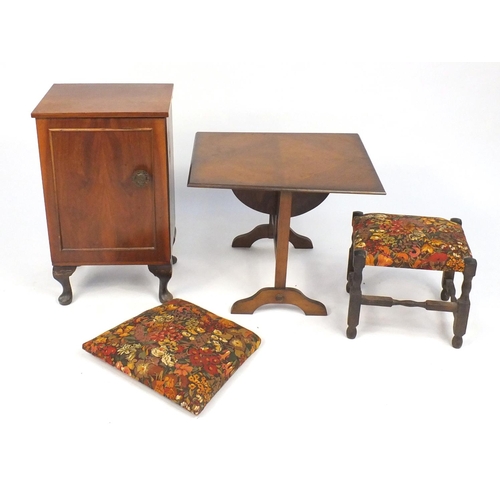 121 - Occasional furniture comprising a folding table, walnut bedside cupboard, three mahogany chairs and ... 