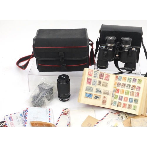 188 - Group of stamps, cameras and pair of Tasco binoculars