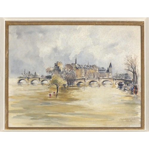 247 - M Bourlier - River before city with Cathedral, watercolour, inscribed verso, mounted and framed, 73c... 