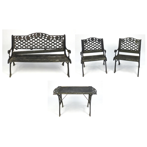 125 - Wrought iron garden table, bench and two chairs