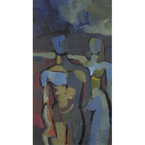 20 - Abstract composition, two nude figures, oil on board, bearing an indistinct signature, mounted and f... 