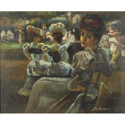 41 - Figures in a park, oil on board, bearing a signature Soler and inscription verso, framed, 54.5cm x 4... 
