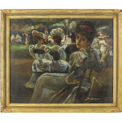 41 - Figures in a park, oil on board, bearing a signature Soler and inscription verso, framed, 54.5cm x 4... 