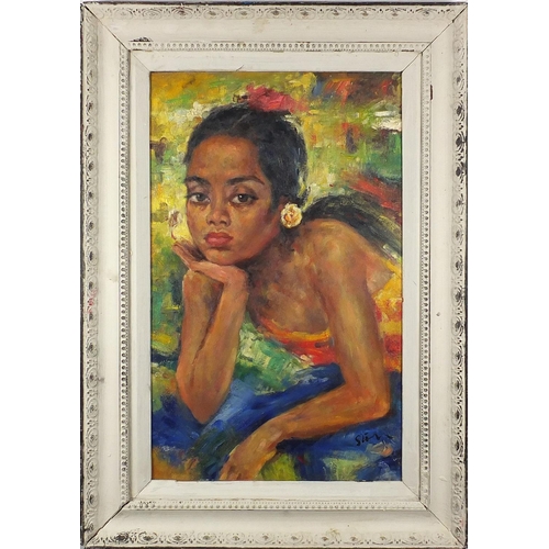 72 - Portrait of a young female, South African school oil on board, bearing an indistinct signature, moun... 