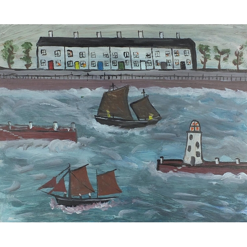 169 - Harbour scene, naive school, oil on board, framed 50cm x 39cm