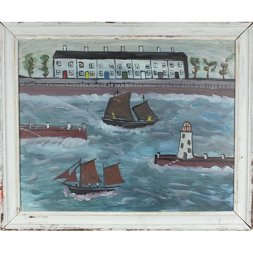 169 - Harbour scene, naive school, oil on board, framed 50cm x 39cm