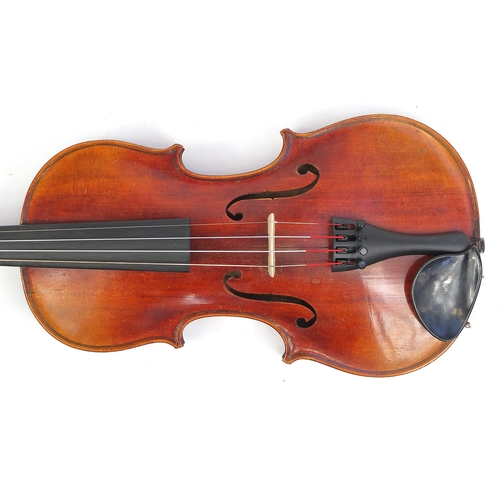 234 - Old wooden violin with scrolled neck, bow and fitted carrying case, the violin back 13.5