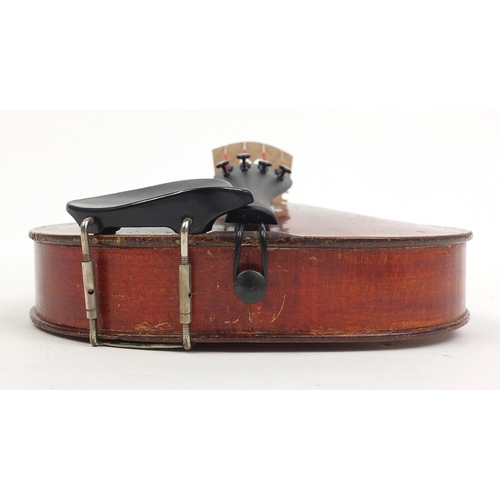 234 - Old wooden violin with scrolled neck, bow and fitted carrying case, the violin back 13.5