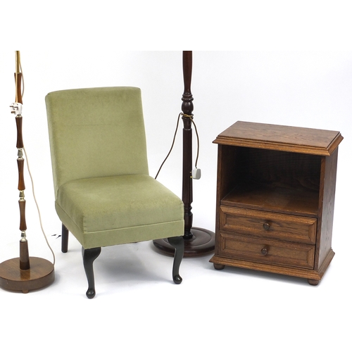 98 - Occasional furniture including two standard lamps an oak side cabinet and a bedroom chair