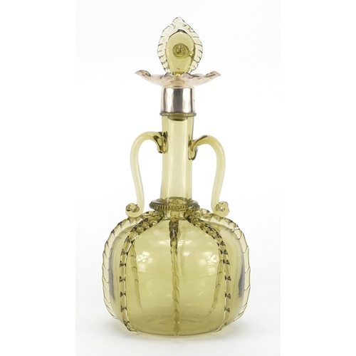 935 - Arts & Crafts green glass decanter with twin handles and silver mounts, indistinct hallmarks, 29.5cm... 