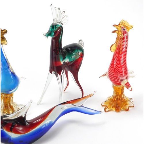 934 - Murano colourful glass animals including a bull, two ducks and a deer, the largest 35cm high