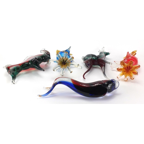 934 - Murano colourful glass animals including a bull, two ducks and a deer, the largest 35cm high