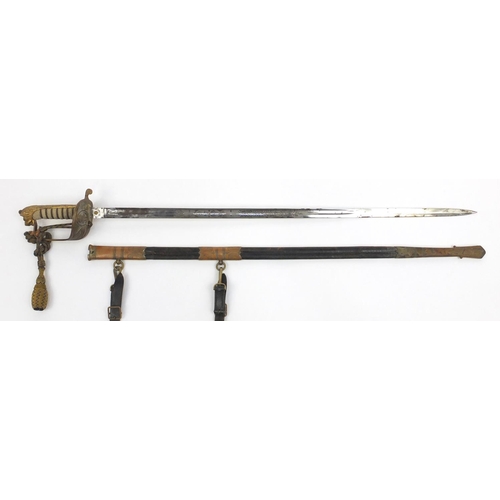 574 - George V Naval dress sword, retailed by Gieves with scabbard and wire bound shagreen grip, steel bla... 