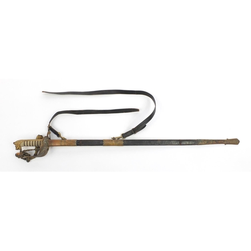 574 - George V Naval dress sword, retailed by Gieves with scabbard and wire bound shagreen grip, steel bla... 