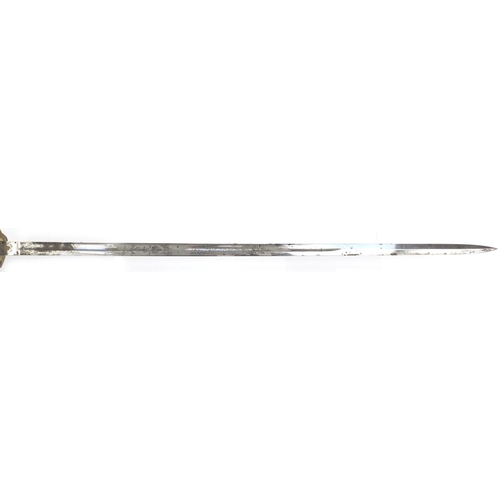 574 - George V Naval dress sword, retailed by Gieves with scabbard and wire bound shagreen grip, steel bla... 