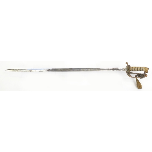 574 - George V Naval dress sword, retailed by Gieves with scabbard and wire bound shagreen grip, steel bla... 