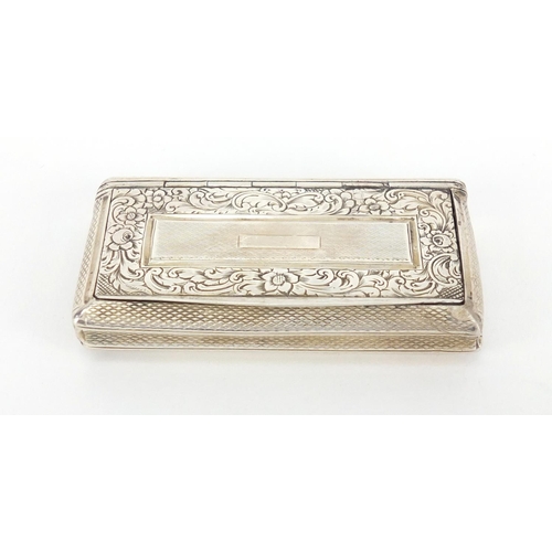 40 - Rectangular continental silver snuff box with engine turned decoration, the hinged lid engraved with... 