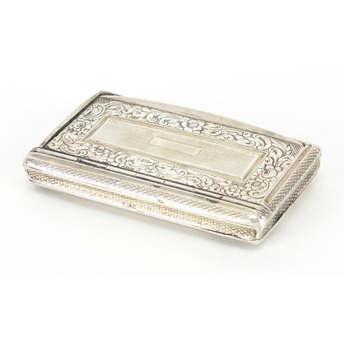 40 - Rectangular continental silver snuff box with engine turned decoration, the hinged lid engraved with... 