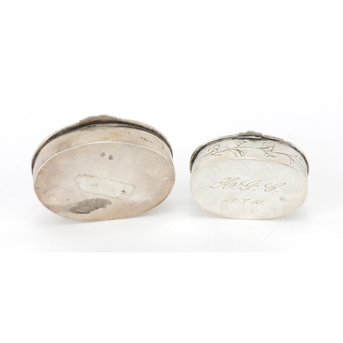 49 - Two oval continental silver snuff boxes, the hinged lids embossed with working children and cupids, ... 