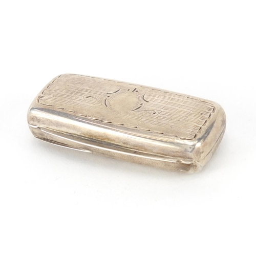 41 - Rectangular continental silver snuff box with engine turned decoration and gilt interior, indistinct... 