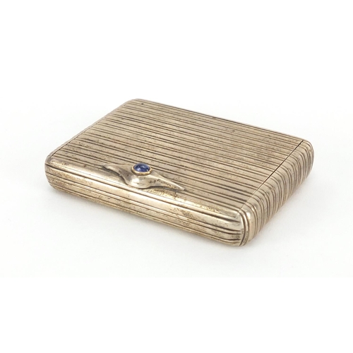 47 - Rectangular 915 silver snuff box with hinged lid, engine turned decoration and set with a cabochon s... 