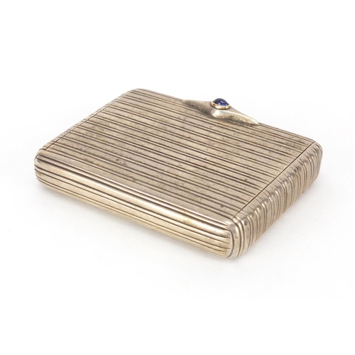 47 - Rectangular 915 silver snuff box with hinged lid, engine turned decoration and set with a cabochon s... 