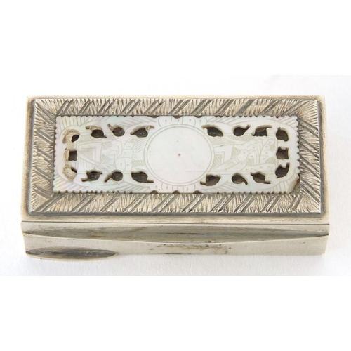 50 - Rectangular continental silver snuff box, the hinged lid with inset Canton mother of Pearl counter, ... 