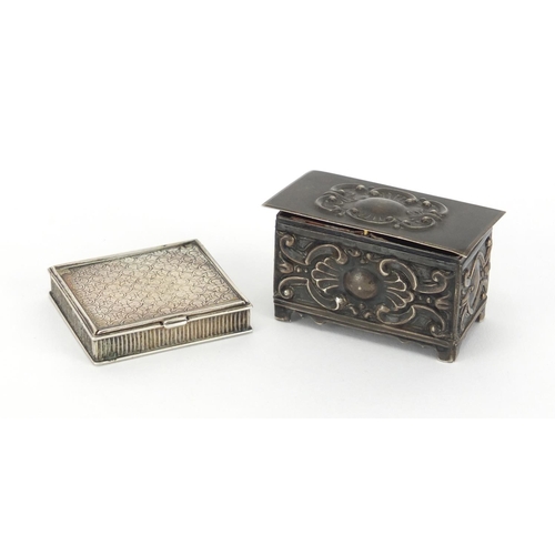 61 - Continental unmarked silver twin divisional stamp box and  jewel box in the form of a chest, with em... 