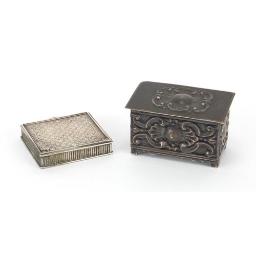 61 - Continental unmarked silver twin divisional stamp box and  jewel box in the form of a chest, with em... 