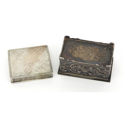 61 - Continental unmarked silver twin divisional stamp box and  jewel box in the form of a chest, with em... 