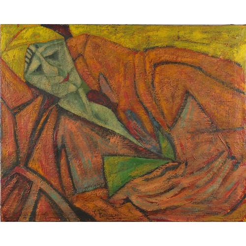 1527 - Abstract composition, sleeping female, oil on canvas, bearing a signature Feining, unframed, 76cm x ... 