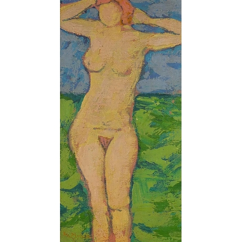 1627 - Standing nude female, post impressionist oil on canvas laid on board, bearing an indistinct signatur... 