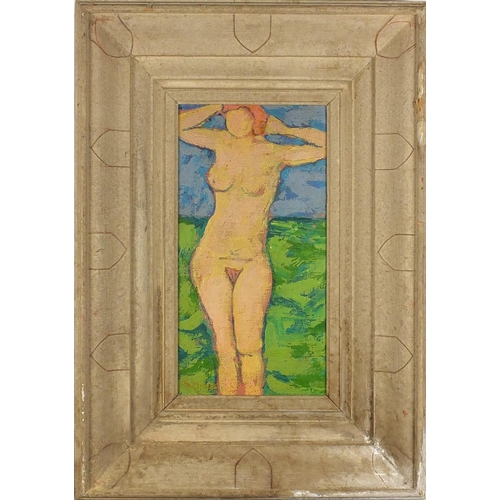 1627 - Standing nude female, post impressionist oil on canvas laid on board, bearing an indistinct signatur... 