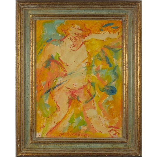 1617 - Abstract composition, nude female, oil on board, bearing a signature De Komina, framed, 38cm x 28cm