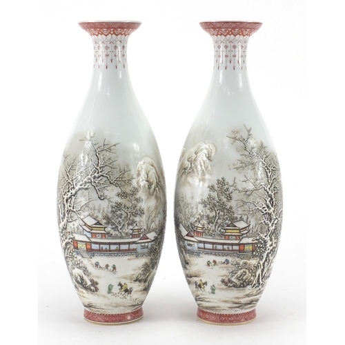 628 - Pair of Chinese porcelain vases, each hand painted with snowy landscape, calligraphy and red seal ma... 