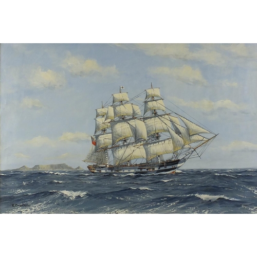 1614 - Robert Bramley - Blackwall Frigate, rigged ship on calm seas, oil on canvas, inscribed verso, with g... 