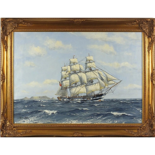 1614 - Robert Bramley - Blackwall Frigate, rigged ship on calm seas, oil on canvas, inscribed verso, with g... 